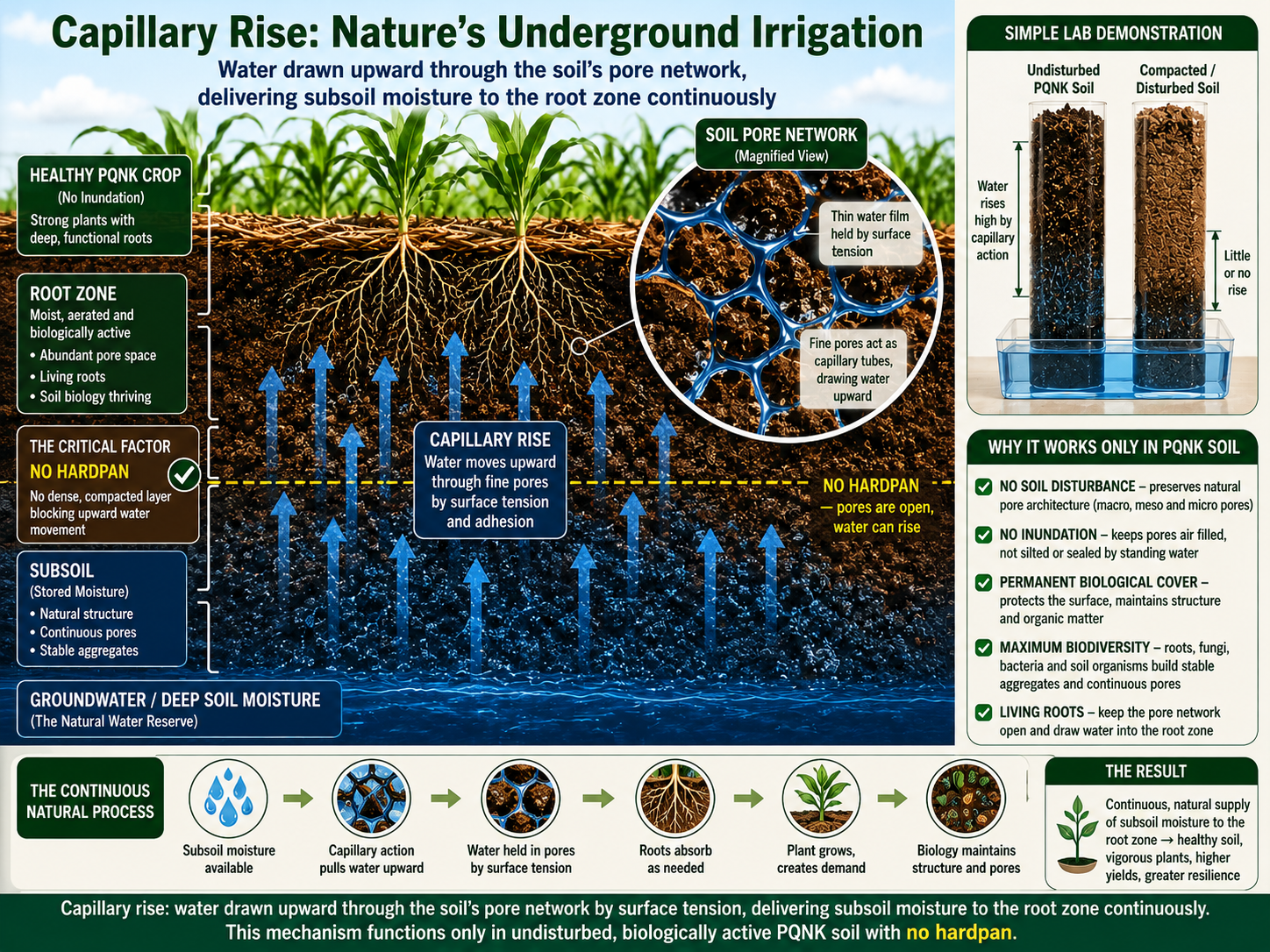 Infographic: Capillary Rise, Nature's Underground Irrigation. Water is drawn upward through the soil's pore network, delivering subsoil moisture to the root zone continuously. A cross-section under a healthy PQNK maize crop, with no inundation and strong plants with deep, functional roots, shows the layers from top to bottom: the root zone, moist, aerated and biologically active, with abundant pore space, living roots and thriving soil biology; the critical factor, no hardpan, so no dense compacted layer blocks upward water movement; the subsoil, holding stored moisture in its natural structure, continuous pores and stable aggregates; and at the bottom, groundwater and deep soil moisture, the natural water reserve. Blue arrows show capillary rise: water moving upward through fine pores by surface tension and adhesion. A magnified view of the pore network shows a thin water film held by surface tension, and fine pores acting as capillary tubes that draw water upward. A simple lab demonstration: in a column of undisturbed PQNK soil standing in water, the water rises high by capillary action; in a column of compacted, disturbed soil there is little or no rise. Why it works only in PQNK soil: no soil disturbance preserves the natural pore architecture of macro, meso and micro pores; no inundation keeps pores air-filled, not silted or sealed by standing water; permanent biological cover protects the surface and maintains structure and organic matter; maximum biodiversity of roots, fungi, bacteria and soil organisms builds stable aggregates and continuous pores; and living roots keep the pore network open and draw water into the root zone. The continuous natural process: subsoil moisture is available, capillary action pulls water upward, water is held in pores by surface tension, roots absorb it as needed, the plant grows and creates demand, and biology maintains the structure and pores. The result: a continuous, natural supply of subsoil moisture to the root zone, healthy soil, vigorous plants, higher yields and greater resilience. This mechanism functions only in undisturbed, biologically active PQNK soil with no hardpan.