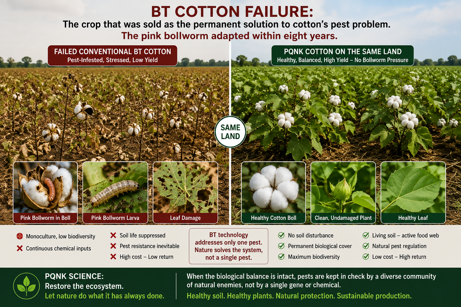 Infographic: Bt Cotton Failure, the crop that was sold as the permanent solution to cotton's pest problem; the pink bollworm adapted within eight years. Two fields on the same land. Left, failed conventional Bt cotton: pest-infested, stressed and low-yielding, with close-ups of a pink bollworm in a boll, a pink bollworm larva and leaf damage; it suffers from monoculture and low biodiversity, continuous chemical inputs, suppressed soil life, inevitable pest resistance, and high cost with low return. Right, PQNK cotton on the same land: healthy, balanced and high-yielding with no bollworm pressure, shown by a healthy cotton boll, a clean, undamaged plant and a healthy leaf; it has no soil disturbance, permanent biological cover, maximum biodiversity, living soil with an active food web, natural pest regulation, and low cost with high return. In the middle: Bt technology addresses only one pest; nature solves the system, not a single pest. PQNK science: restore the ecosystem and let nature do what it has always done. When the biological balance is intact, pests are kept in check by a diverse community of natural enemies, not by a single gene or chemical. Healthy soil, healthy plants, natural protection, sustainable production.