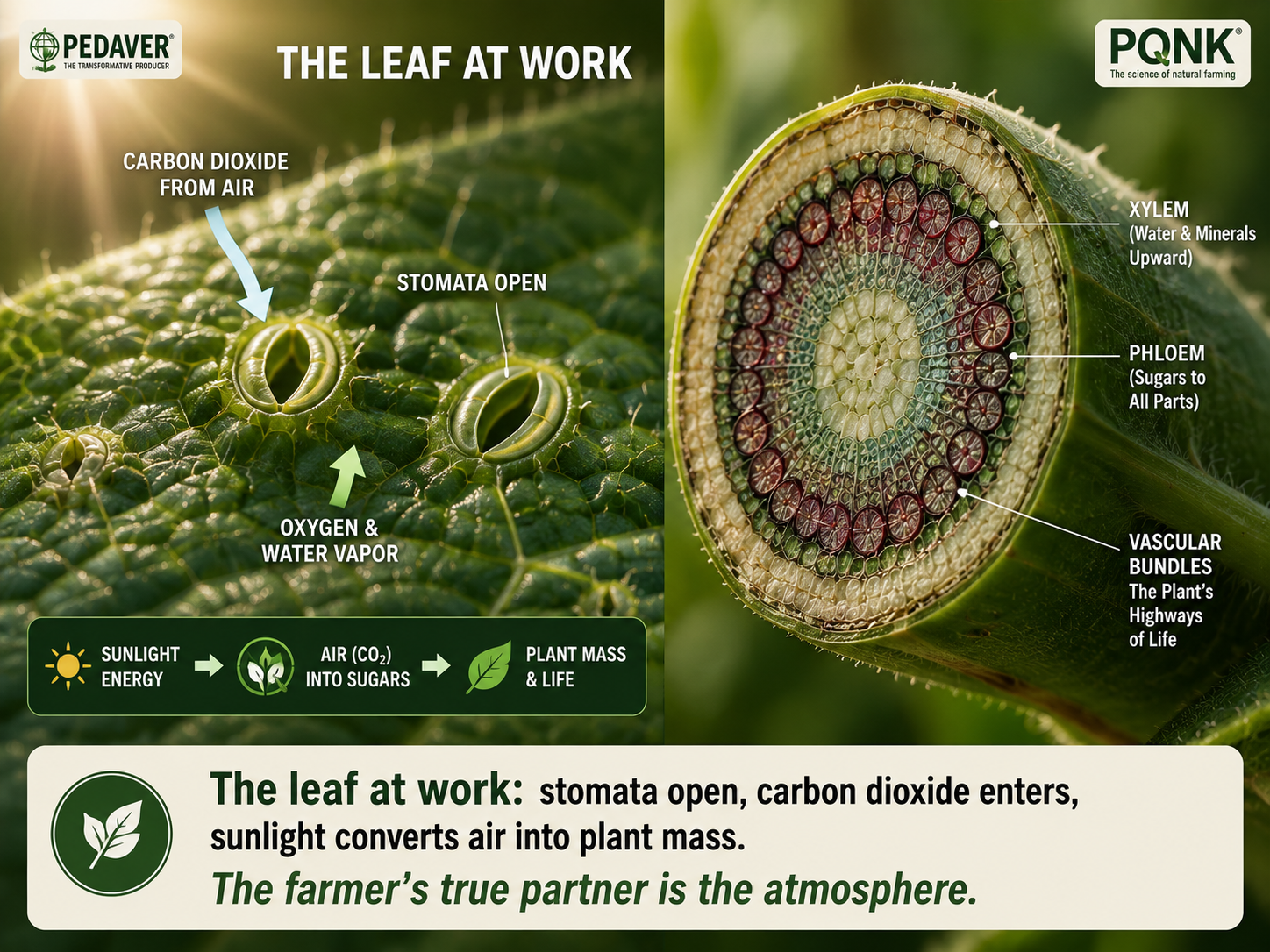 Infographic: The Leaf at Work. Left, a magnified leaf surface: carbon dioxide from the air enters through open stomata, and oxygen and water vapour leave; sunlight energy turns air, carbon dioxide, into sugars, and sugars into plant mass and life. Right, a cut stem shows its vascular bundles, the plant's highways of life: the xylem carries water and minerals upward, and the phloem carries sugars to all parts. The leaf at work: stomata open, carbon dioxide enters, and sunlight converts air into plant mass. The farmer's true partner is the atmosphere.