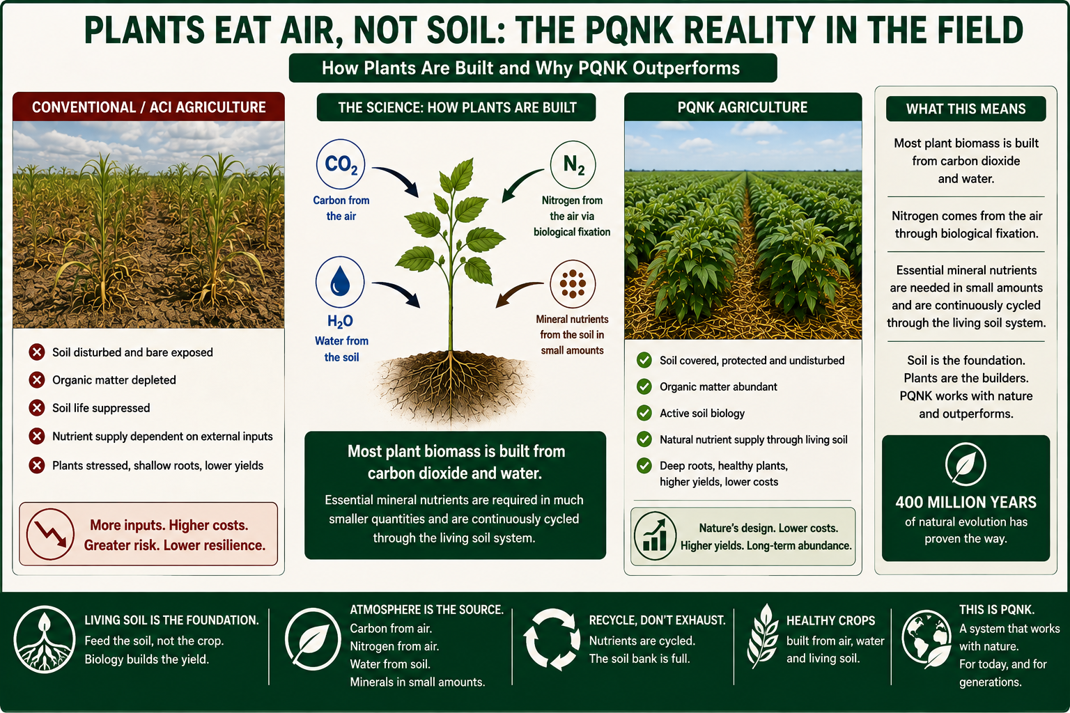 Infographic: Plants Eat Air, Not Soil, the PQNK reality in the field: how plants are built and why PQNK outperforms. Conventional ACI agriculture: soil disturbed and bare, organic matter depleted, soil life suppressed, nutrient supply dependent on external inputs, and stressed plants with shallow roots and lower yields; more inputs, higher costs, greater risk, lower resilience. The science of how plants are built: carbon from the air, nitrogen from the air through biological fixation, water from the soil, and mineral nutrients from the soil in small amounts. Most plant biomass is built from carbon dioxide and water; essential mineral nutrients are required in much smaller quantities and are continuously cycled through the living soil system. PQNK agriculture: soil covered, protected and undisturbed, abundant organic matter, active soil biology, natural nutrient supply through living soil, and deep roots, healthy plants, higher yields and lower costs; nature's design, lower costs, higher yields, long-term abundance. What this means: soil is the foundation, plants are the builders, and PQNK works with nature and outperforms; 400 million years of natural evolution has proven the way. Living soil is the foundation: feed the soil, not the crop. Recycle, don't exhaust. Healthy crops are built from air, water and living soil.