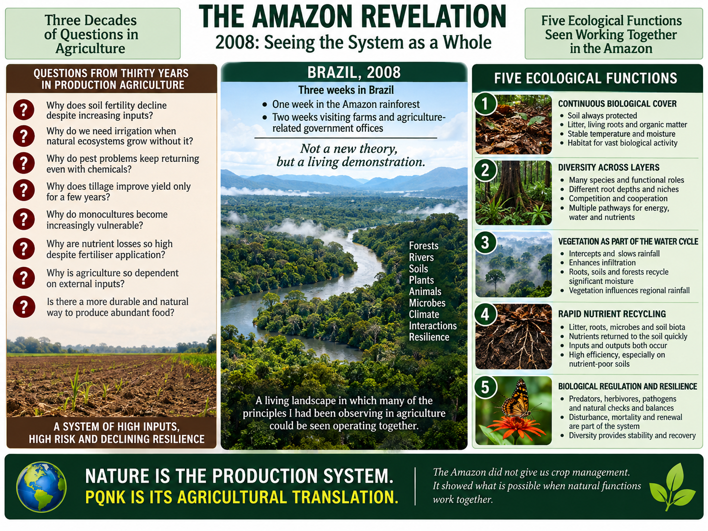 Infographic: The Amazon Revelation, 2008, seeing the system as a whole. Three decades of questions in agriculture, from thirty years in production agriculture: why does soil fertility decline despite increasing inputs; why do we need irrigation when natural ecosystems grow without it; why do pest problems keep returning even with chemicals; why does tillage improve yield only for a few years; why do monocultures become increasingly vulnerable; why are nutrient losses so high despite fertiliser; why is agriculture so dependent on external inputs; and is there a more durable and natural way to produce abundant food? A system of high inputs, high risk and declining resilience. Brazil, 2008: three weeks, one in the Amazon rainforest and two visiting farms and agriculture-related government offices; not a new theory, but a living demonstration, a landscape of forests, rivers, soils, plants, animals, microbes and climate in which many of the principles seen in agriculture operated together. Five ecological functions seen working together: one, continuous biological cover, with soil always protected by litter, living roots and organic matter, stable temperature and moisture, and habitat for vast biological activity; two, diversity across layers, many species and roles, different root depths and niches, competition and cooperation, and multiple pathways for energy, water and nutrients; three, vegetation as part of the water cycle, intercepting and slowing rainfall, enhancing infiltration, recycling moisture and influencing regional rainfall; four, rapid nutrient recycling by litter, roots, microbes and soil biota, highly efficient even on nutrient-poor soils; five, biological regulation and resilience, with predators, herbivores and pathogens as natural checks and balances, and diversity providing stability and recovery. Nature is the production system; PQNK is its agricultural translation. The Amazon did not give us crop management; it showed what is possible when natural functions work together.
