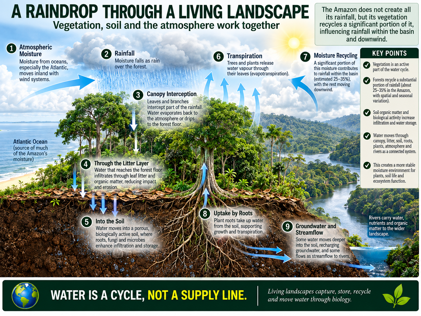 Infographic: A Raindrop Through a Living Landscape: vegetation, soil and the atmosphere work together. One, atmospheric moisture from the oceans, especially the Atlantic, moves inland with wind systems. Two, it falls as rain over the forest. Three, canopy interception: leaves and branches catch part of the rain, which evaporates back or drips to the forest floor. Four, through the litter layer: water infiltrates through leaf litter and organic matter, reducing impact and erosion. Five, into the soil: water moves into a porous, biologically active soil, where roots, fungi and microbes enhance infiltration and storage. Six, transpiration: trees and plants release water vapour through their leaves. Seven, moisture recycling: a significant portion, estimated at 25 to 35 percent, contributes to rainfall within the basin, the rest moving downwind. Eight, uptake by roots supports growth and transpiration. Nine, groundwater and streamflow: some water recharges groundwater and some flows to rivers, which carry water, nutrients and organic matter across the landscape. Key points: vegetation is an active part of the water cycle; forests recycle about 25 to 35 percent of rainfall in the Amazon, with variation; soil organic matter and biology increase infiltration and storage; water moves through canopy, litter, soil, roots, plants, atmosphere and rivers as one connected system, creating a more stable moisture environment. The Amazon does not create all its rainfall, but its vegetation recycles a significant portion of it. Water is a cycle, not a supply line.