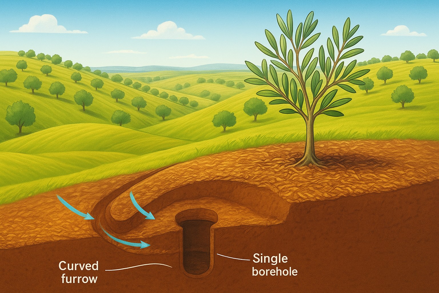 Illustration of the rain-fed olive system: a young olive tree on rolling green hills, with a curved furrow on the slope guiding rainwater, shown by blue arrows, into a single borehole dug beside the tree, so the water soaks down to the roots.