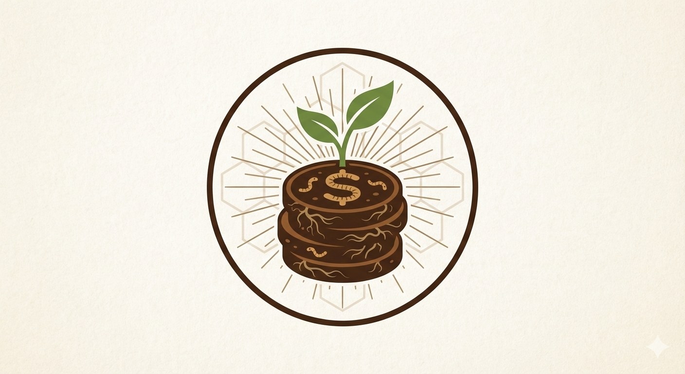 Illustration: a young green seedling growing out of a round mound of rich soil shaped like a stack of coins, set inside a circular emblem, symbolising soil as living capital.