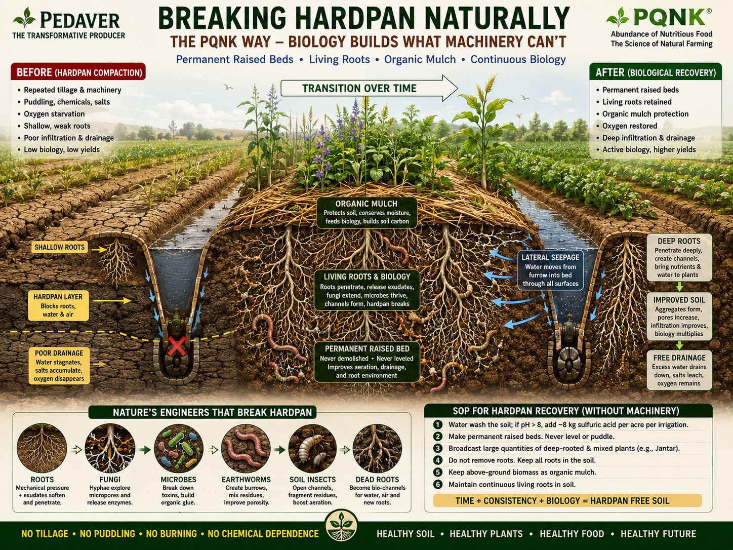 Infographic, Breaking Hardpan Naturally, the PQNK way: biology builds what machinery can't. A cross-section of a raised bed shows deep roots and soil life opening the compacted layer, with labelled panels on root channels, soil organisms and the steps of permanent raised beds, mulch and no-till.