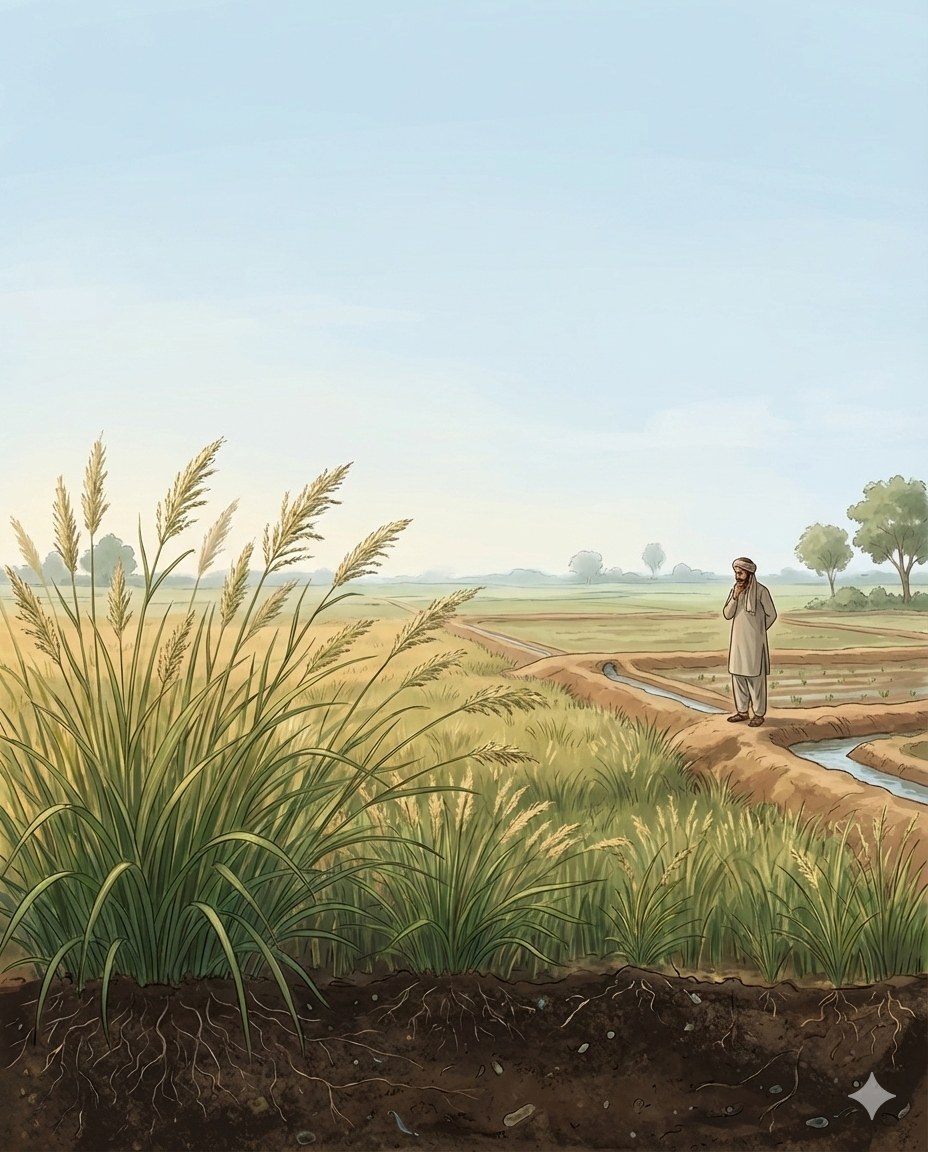 Illustration of a tall stand of Rhodes grass beside a field, with a farmer walking along the edge.