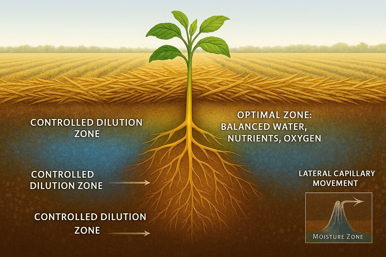 Diagram of a raised bed in cross-section showing its moisture zones: controlled dilution zones at the edges near the furrows, a dynamic balanced zone of water, nutrients and oxygen in the centre where the roots are, and lateral capillary movement of water from the furrows toward the bed centre.