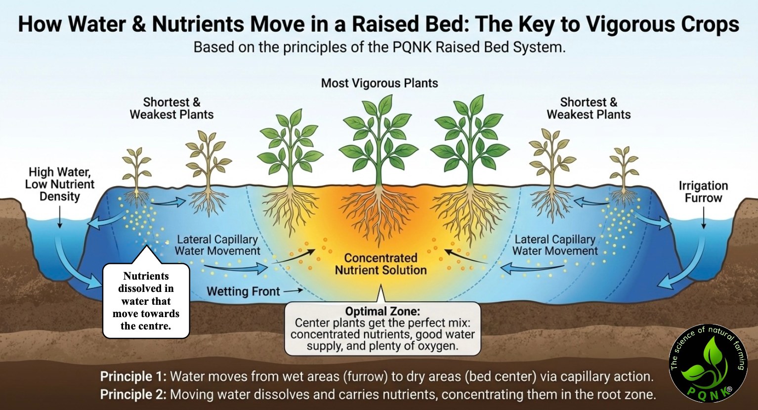 Diagram, How Water and Nutrients Move in a Raised Bed, the key to vigorous crops, based on the principles of the PQNK raised-bed system: water flows from the furrows on both sides into the bed, creating moist zones near the furrows and a concentrated, well-aerated nutrient zone in the centre where the main roots feed.