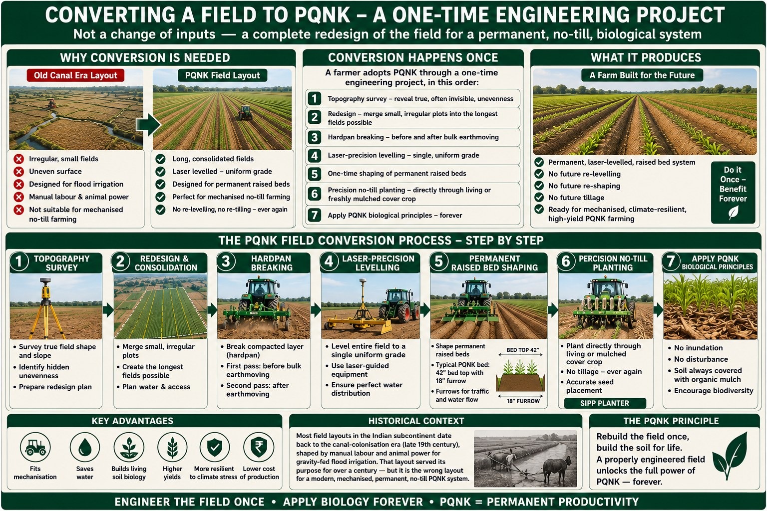 Infographic: converting a field to PQNK is a one-time engineering project, not a change of inputs but a complete redesign of the field for a permanent, no-till, biological system. The old canal-era layout of irregular small fields, uneven surfaces and flood irrigation, made for manual labour and animal power, gives way to long, consolidated, laser-levelled fields with permanent raised beds. The steps, done once: 1, topography survey; 2, redesign and consolidation of small plots into the longest fields possible; 3, hardpan breaking, before and after bulk earthmoving; 4, laser-precision levelling to a single uniform grade; 5, shaping permanent raised beds, typically a 42-inch bed top with an 18-inch furrow for traffic and water; 6, precision no-till planting directly through living or mulched cover; 7, applying PQNK biological principles forever. The result: no future re-levelling, re-shaping or tillage, and a farm ready for mechanised, climate-resilient, high-yield PQNK farming. Engineer the field once, apply biology forever.
