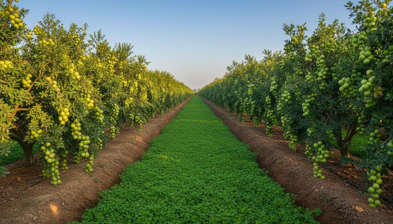 Illustration of a high-density amla orchard: two long rows of trees heavy with pale green fruit, with the bed between them covered in low green growth, under a clear blue sky.