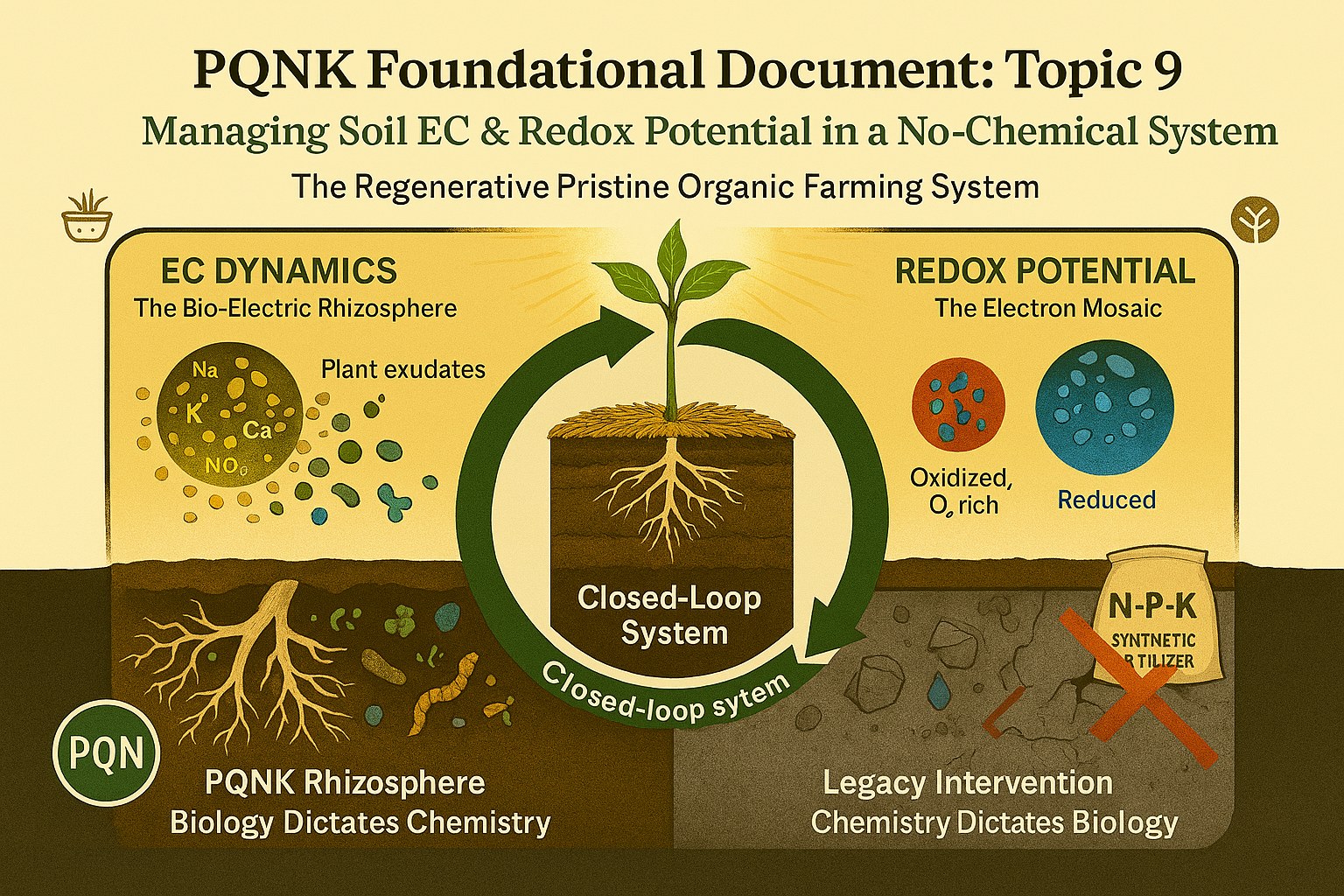 Infographic, PQNK Foundational Document, Topic 9: Managing Soil EC and Redox Potential in a No-Chemical System. It contrasts EC dynamics, the bio-electric balance of the soil solution, with redox potential, the electron economy, linked through a closed-loop system of the rhizosphere, roots, mulch and soil life, with legacy intervention shown as an exception rather than the rule.