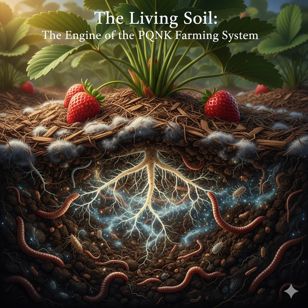 Illustration titled The Living Soil, The Engine of the PQNK Farming System: strawberry plants with ripe fruit grow on a mulched bed, and below the surface their roots spread through dark soil alive with earthworms, small soil animals, white fungal threads and glowing microbial life.