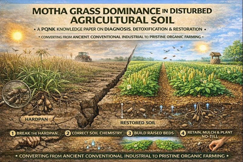 Illustration, Motha Grass Dominance in Disturbed Agricultural Soil, a PQNK knowledge paper on diagnosis, detoxification and restoration, converting from ancient conventional industrial to pristine organic farming. Left: Motha grass with its tubers spreading over cracked soil above a hardpan. Right: restored soil with healthy crops on raised beds. Four steps along the bottom: break the hardpan; correct soil chemistry; build raised beds; retain, mulch and plant no-till.