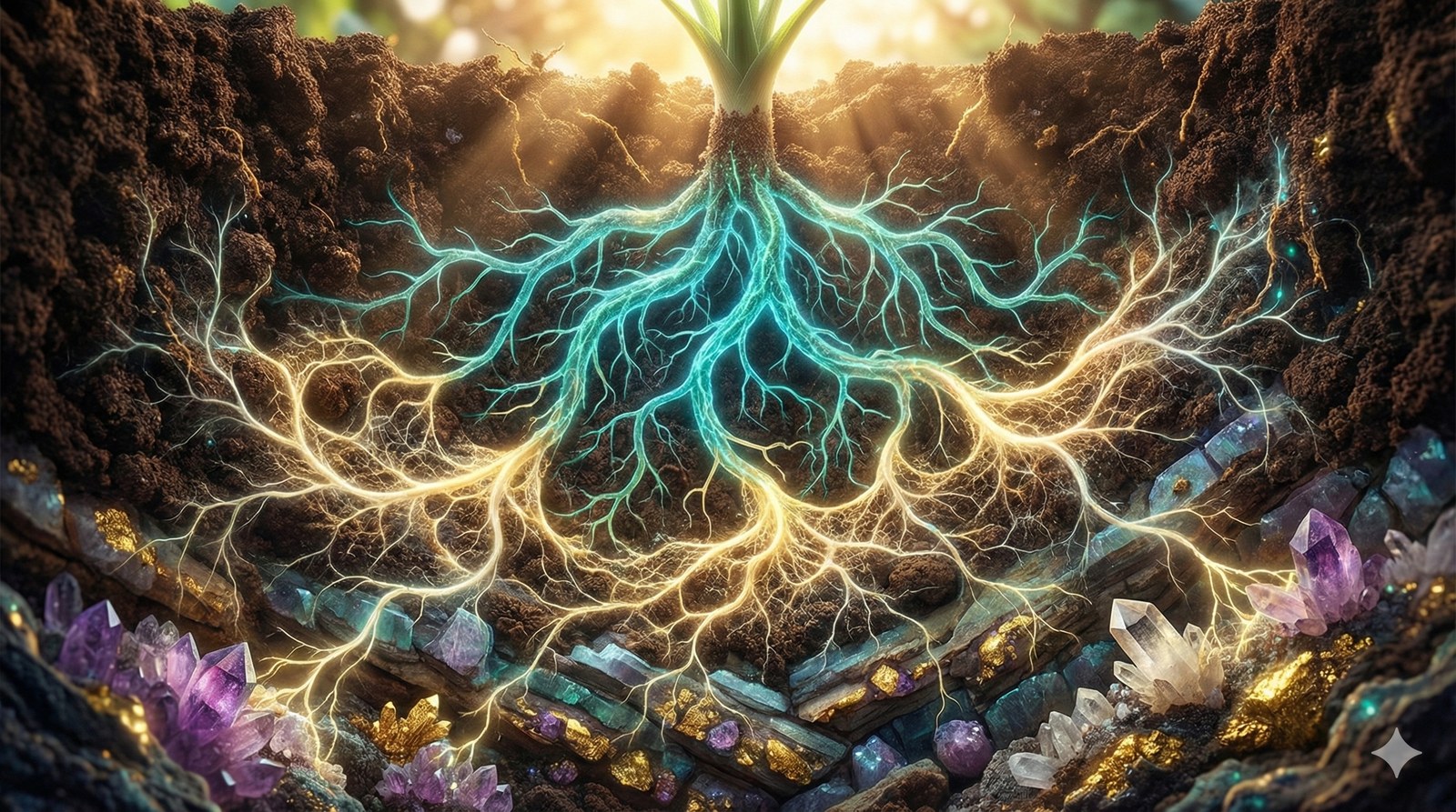 Illustration: a cross-section of dark, living soil under a field, with a dense web of golden roots and glowing white fungal threads branching through it, linking roots and soil minerals.