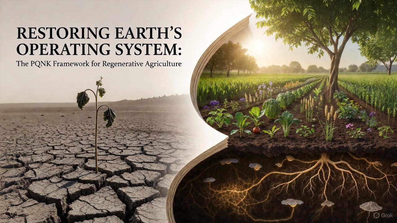 Cover illustration titled Restoring Earth's Operating System, the PQNK framework for regenerative agriculture: a single seedling on dry, cracked earth on the left gives way to lush green crops and trees on the right.