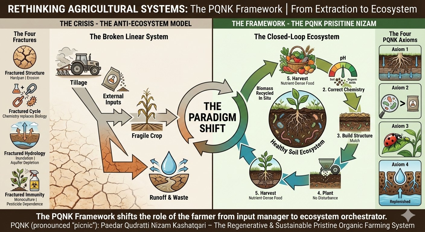 Infographic, Rethinking Agricultural Systems: the PQNK framework, from extraction to ecosystem. Left, the crisis, the anti-ecosystem model: four fractures, fractured structure (hardpan, erosion), fractured cycle (chemistry replaces biology), fractured hydrology (inundation, aquifer depletion) and fractured immunity (monoculture, pesticide dependence); the broken linear system runs from tillage and external inputs to a fragile crop and to runoff and waste. Centre: the paradigm shift. Right, the framework, the PQNK pristine Nizam: a closed-loop ecosystem around healthy soil, correct chemistry, build structure with mulch, plant with no disturbance, harvest nutrient-dense food, and biomass recycled in place; and the four PQNK axioms illustrated beside it. The PQNK framework shifts the role of the farmer from input manager to ecosystem orchestrator.