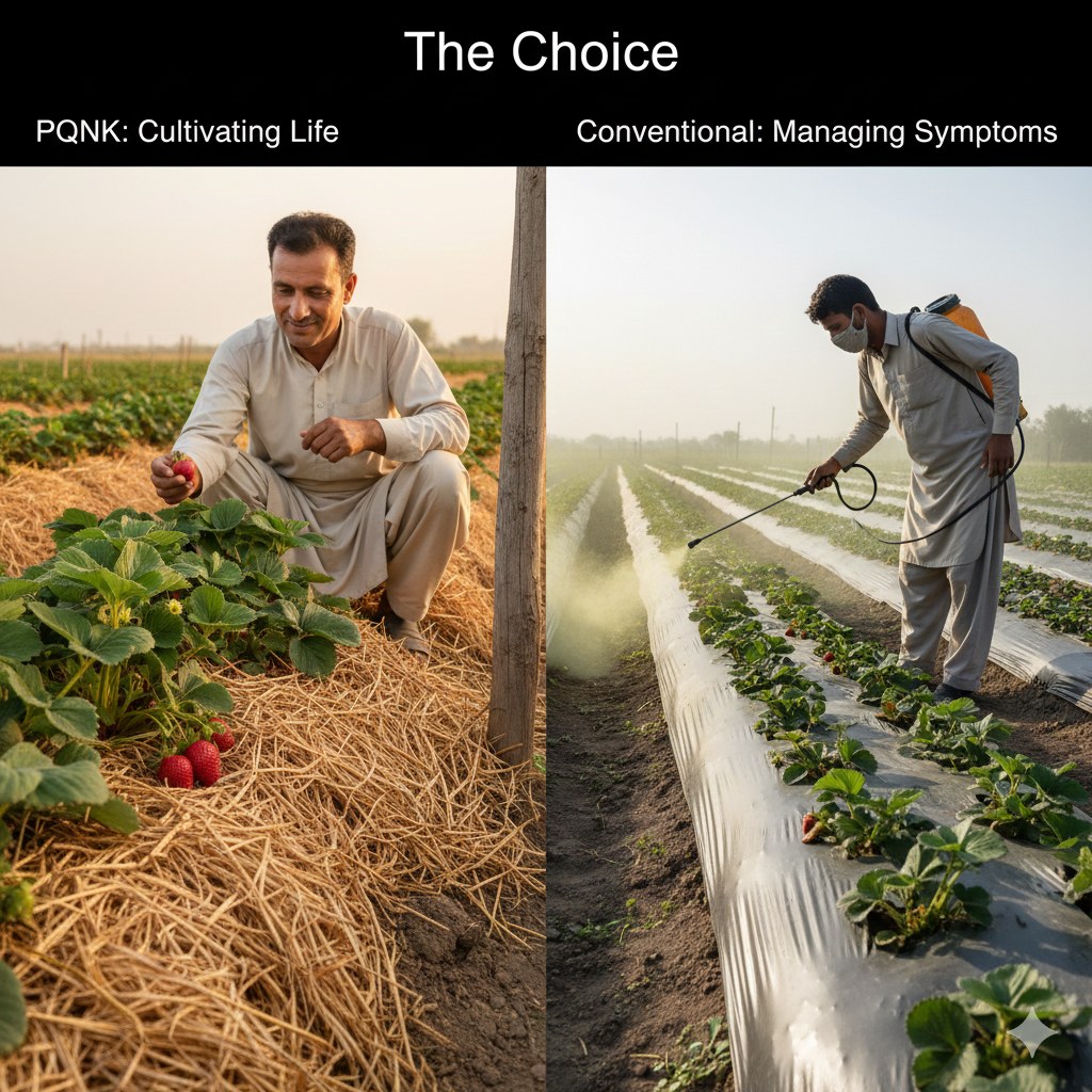 Illustration titled The Choice. Left, PQNK, cultivating life: a farmer kneels among healthy vegetable plants on a thickly mulched bed. Right, conventional, managing symptoms: a farmer in protective gear sprays chemicals over plants on bare, plastic-covered rows.