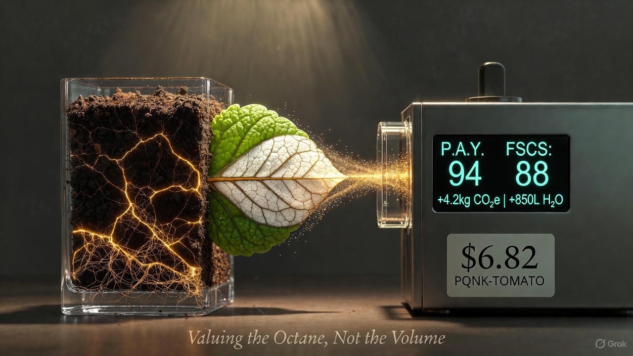 Illustration: a block of living soil with a green leaf feeding energy into a display that reads P.A.Y. 94 and FSCS 88, with a price tag of 6.82 dollars for a PQNK tomato. Caption: valuing the octane, not the volume.