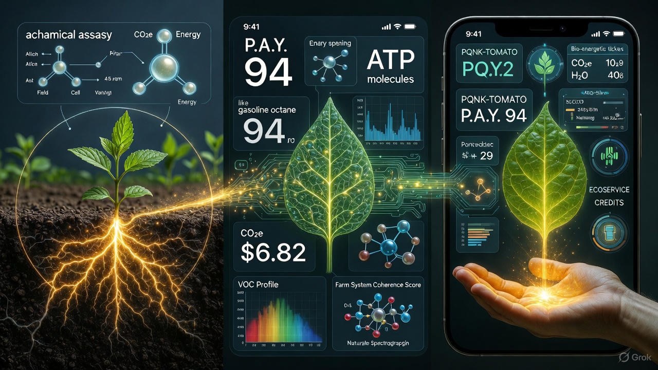 Illustration of a phone app scanning a plant: dials show a P.A.Y. score of 94, ATP and other energy readings and a value of 6.82 dollars, with roots and a glowing leaf linked to the readings.