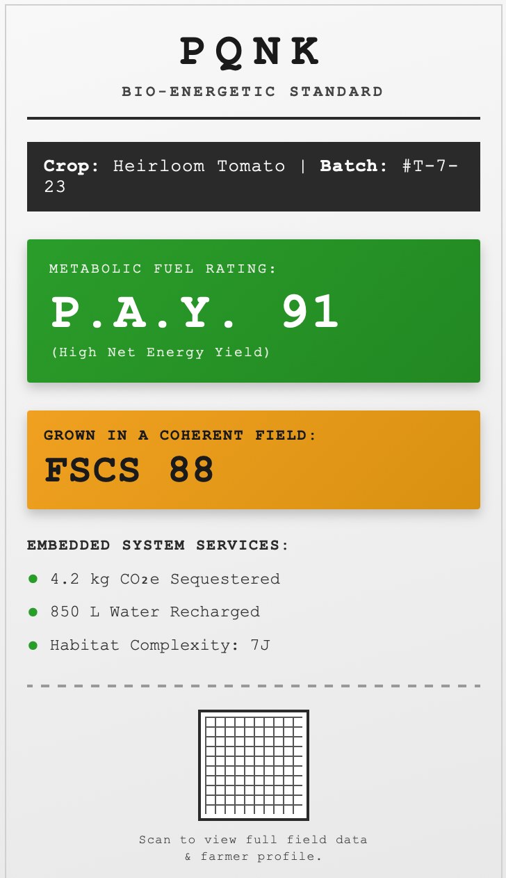 Mock-up of a PQNK bio-energetic standard label for an heirloom tomato: a P.A.Y. score of 91, a farm soil carbon score (FSCS) of 88, a list of ecosystem services provided, and a code to scan for the full report.