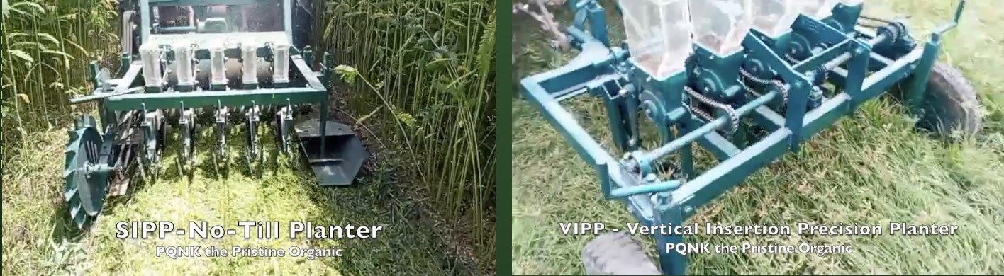 Two photos of PQNK planters working in tall green cover: left, the SIPP No-Till Planter; right, the VIPP, Vertical Insertion Precision Planter.
