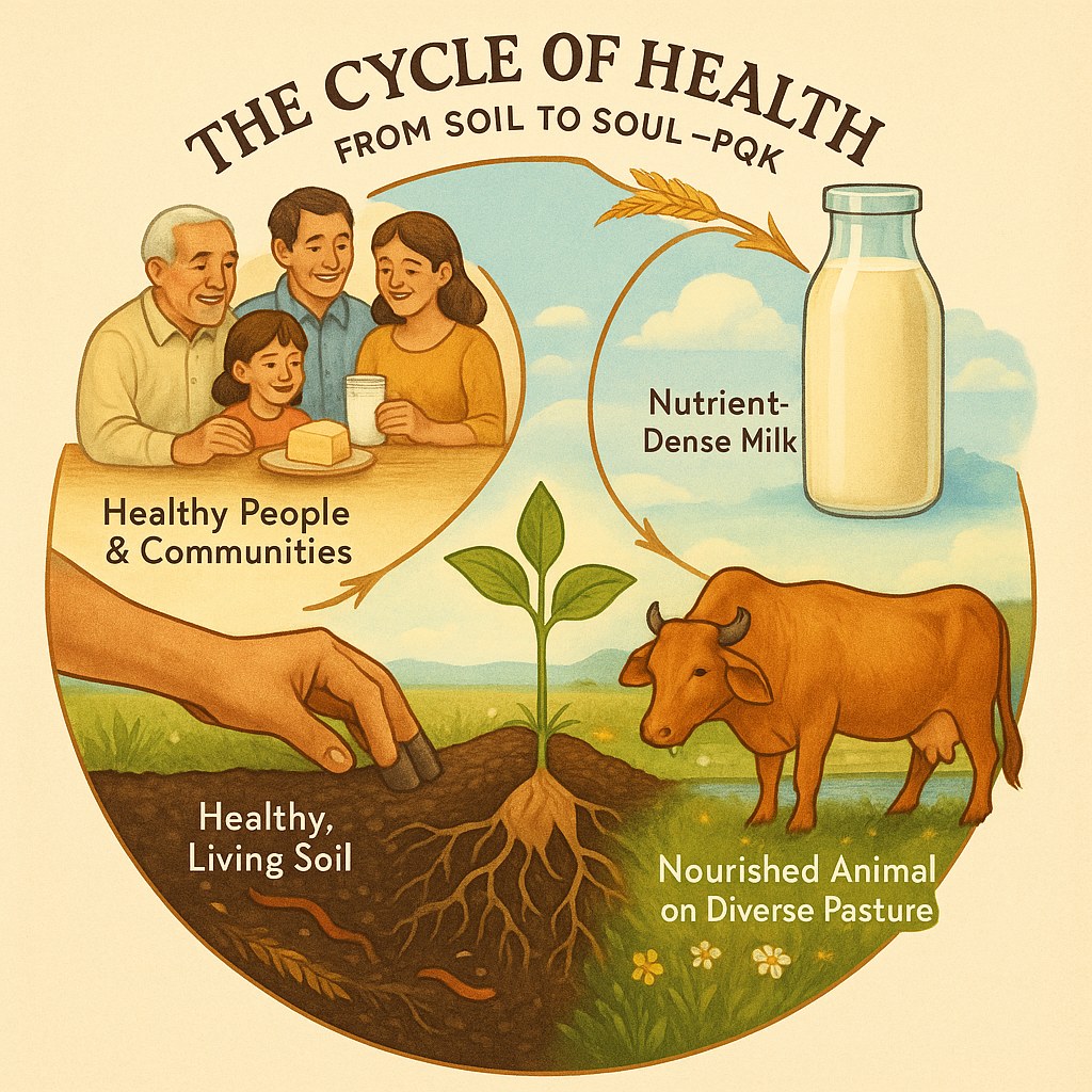 Illustration: the cycle of health, from soil to soul. A circle runs from healthy, living soil to a cow nourished on diverse pasture, to nutrient-dense milk, to healthy people and communities, and back to the soil.