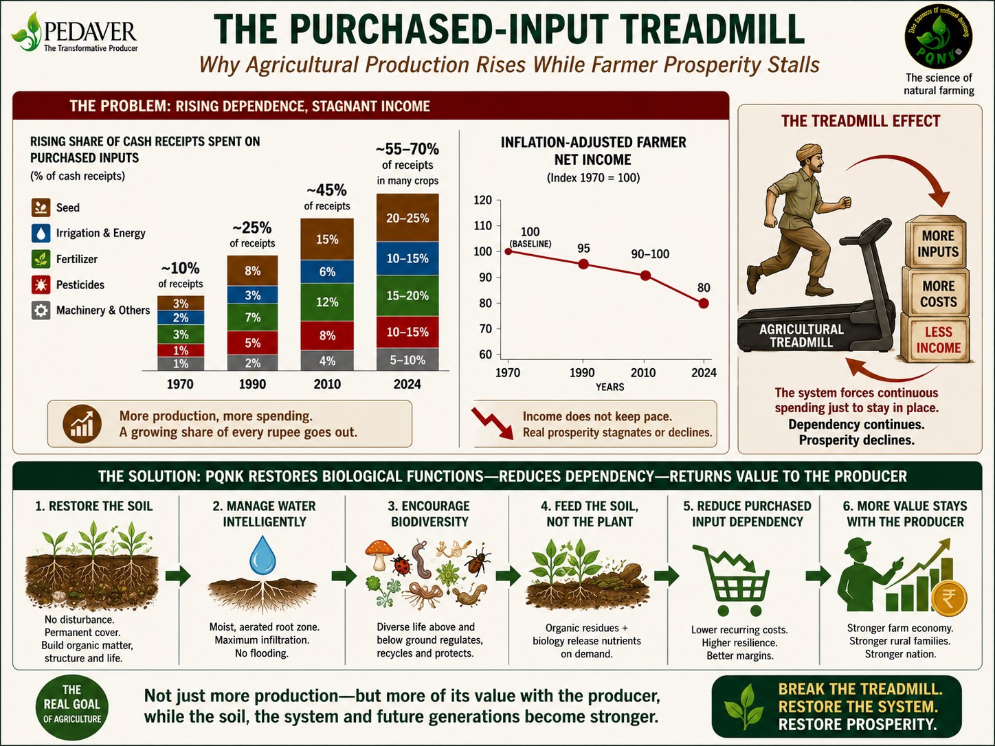 Infographic titled The Purchased-Input Treadmill: why agricultural production rises while farmer prosperity stalls. The problem: since 1970 a rising share of every rupee a farmer receives has gone on purchased seed, fertiliser, pesticides, irrigation, energy and machinery, reaching roughly 55 to 70 percent of receipts in many crops, while inflation-adjusted net farm income has stayed flat or declined. More inputs bring more costs and less income, and the system forces continuous spending just to stay in place. The solution: PQNK restores biological functions in six steps, restore the soil with no disturbance and permanent cover, manage water for a moist, aerated root zone with no flooding, encourage biodiversity, feed the soil rather than the plant, reduce purchased-input dependency, and keep more value with the producer.
