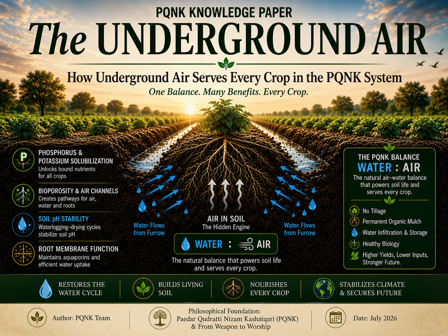 Cover infographic, PQNK Knowledge Paper, The Underground Air: how underground air serves every crop in the PQNK system. One balance, many benefits, every crop. A crop on a raised bed has water flowing in from the furrows on both sides while air in the soil, the hidden engine, rises through the bed. The natural balance of water and air powers soil life and serves every crop. Benefits listed: phosphorus and potassium solubilization, unlocking bound nutrients for all crops; bioporosity and air channels, pathways for air, water and roots; soil pH stability, as waterlogging and drying cycles stabilize soil pH; and root membrane function, maintaining aquaporins and efficient water uptake. The PQNK balance, water to air, comes from no tillage, permanent organic mulch, water infiltration and storage, and healthy biology, giving higher yields, lower inputs and a stronger future. It restores the water cycle, builds living soil, nourishes every crop, and stabilizes the climate and secures the future. Author: PQNK Team. Date: July 2026.