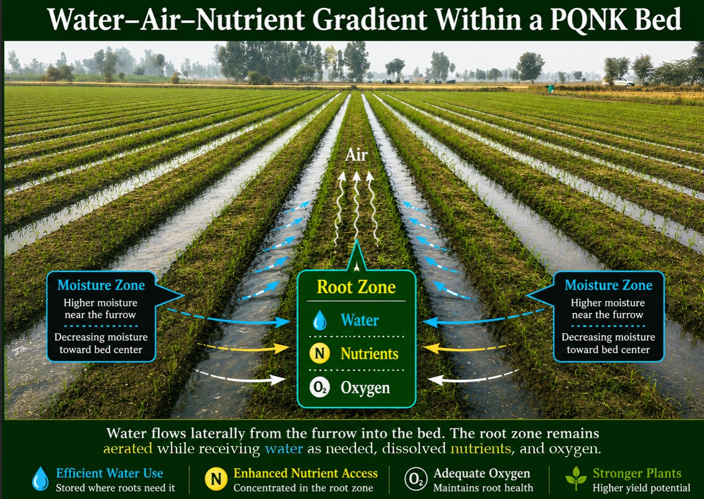 Illustration titled Water-Air-Nutrient Gradient Within a PQNK Bed, drawn over a photo of beds with water in the furrows. Water flows sideways from the furrow into the bed: moisture is higher near the furrows and decreases toward the bed centre, while air enters from above. The root zone in the middle of the bed stays aerated while receiving water, dissolved nutrients and oxygen. The result: efficient water use, stored where roots need it; nutrients concentrated in the root zone; enough oxygen for healthy roots; and stronger plants with higher yield potential.