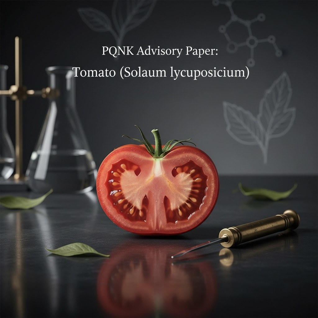 Cover of the PQNK Advisory Paper: Tomato (Solanum lycopersicum), with a ripe tomato and a cut half on a dark background.