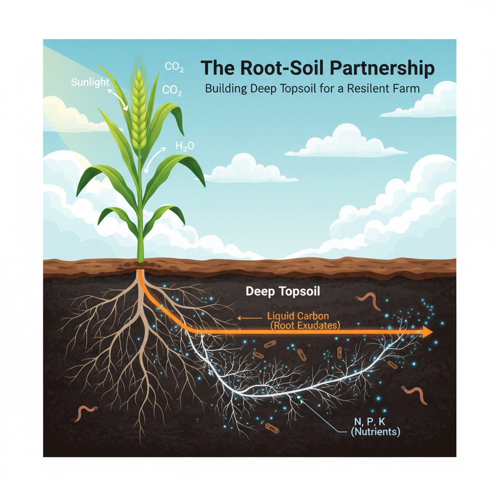 Illustration titled The Root-Soil Partnership: a maize plant with its root system reaching down through a layer of deep topsoil, showing roots and soil building each other.