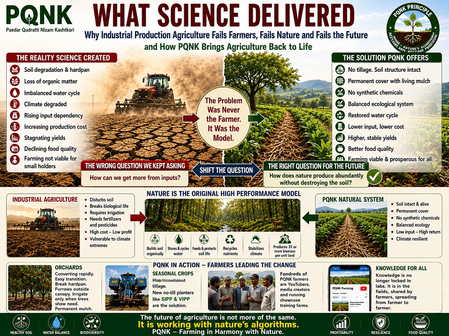 Infographic: what science delivered. Why industrial production agriculture fails farmers, fails nature and fails the future, and how PQNK brings agriculture back to life. The reality industrial science created: soil degradation and hardpan, loss of organic matter, an imbalanced water cycle, a degraded climate, rising input dependency and production cost, stagnating yields, declining food quality, and farming that is not viable for smallholders. The problem was never the farmer; it was the model. The wrong question was how to get more from inputs; the right question is how nature produces abundantly without destroying the soil. The solution PQNK offers: no tillage, permanent living cover, no synthetic chemicals, a balanced ecological system, a restored water cycle, lower input and cost, higher and stable yields, better food quality, and farming that is viable for all. Nature is the original high-performance model. PQNK in action: orchards convert quickly with the hardpan broken, furrows outside the canopy, irrigation only when the trees show need, and permanent mulch; seasonal crops are planted without tillage with new no-till planters such as SIPP and VIPP; and hundreds of PQNK farmers now share their knowledge from field to field. The future of agriculture is working with nature's algorithms.