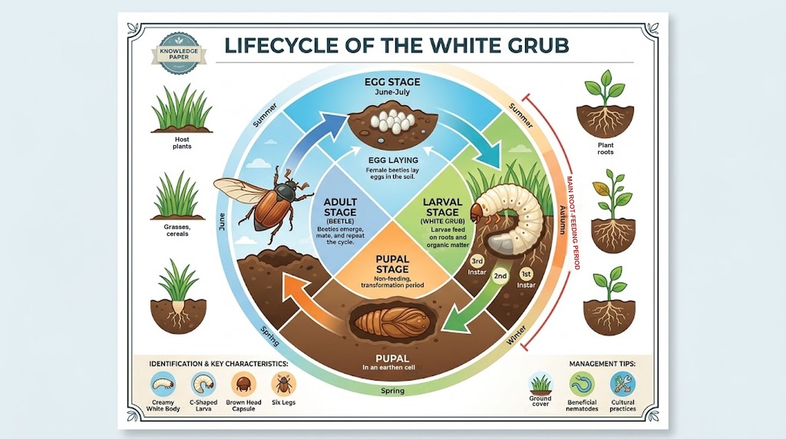 Diagram of the white grub life cycle through the year: in summer, around June and July, female beetles lay eggs in the soil; the eggs hatch into larvae, the white grubs, which feed on roots and organic matter, the main root-feeding period running through autumn; the grub passes the winter in the soil and becomes a non-feeding pupa in an earthen cell in spring; the adult beetle emerges, mates and repeats the cycle. Identification: a creamy white, C-shaped larva with a brown head capsule and six legs. Management tips: ground cover, beneficial nematodes and cultural practices.